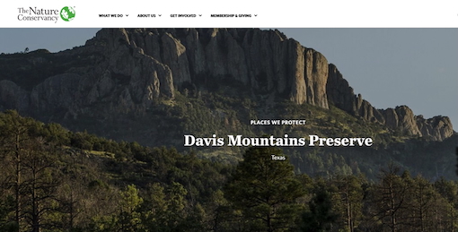 Website homepage for the Davis Mountains Preserve, showcasing its natural beauty and visitor information.